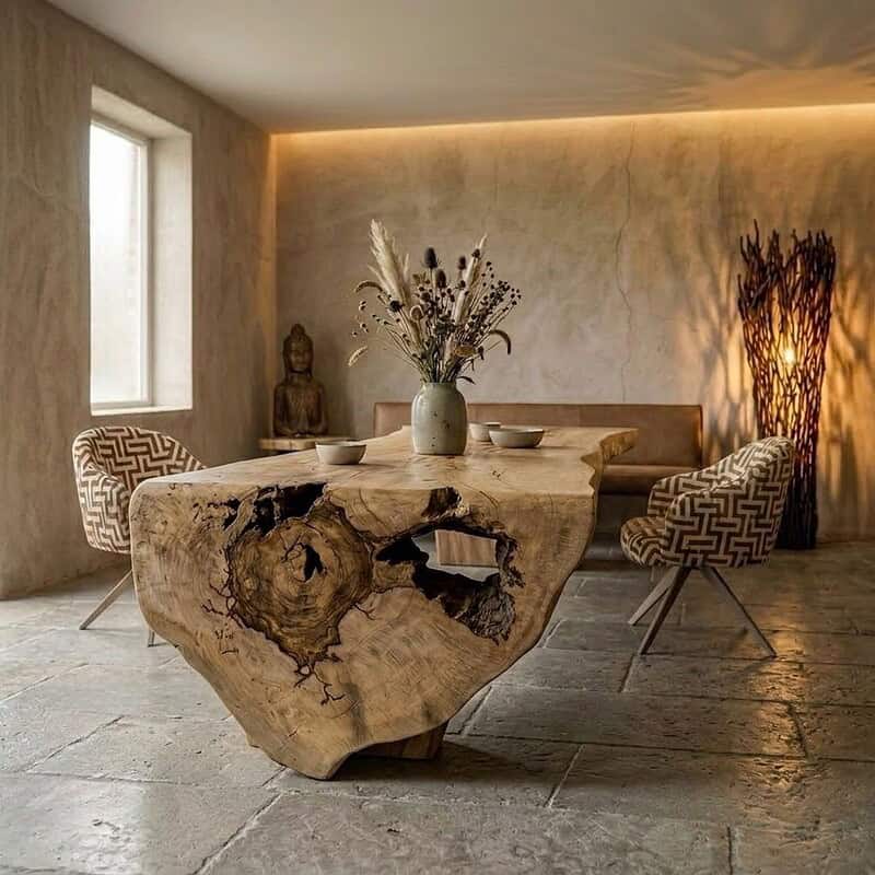 Massiver Tamarinden-Stammtisch mit einer Länge von 350 cm, perfekt für ein natürliches und stilvolles Esszimmer oder einen Besprechungsraum, hergestellt von Mokana Meubelen.