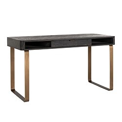 Hoogwaardige zwarte houten bureau met metaalgolden poten, modern design, perfect voor kantoor of thuiswerkplek, handgemaakt door Mokana Meubelen.