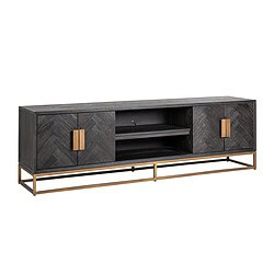 Modern houten tv-meubel met zwart eikenfineer en gouden metalen frame, perfect voor uw woonkamer. Mokana Meubelen biedt stijlvolle meubels met hoogwaardig vakmanschap en tijdloze design.