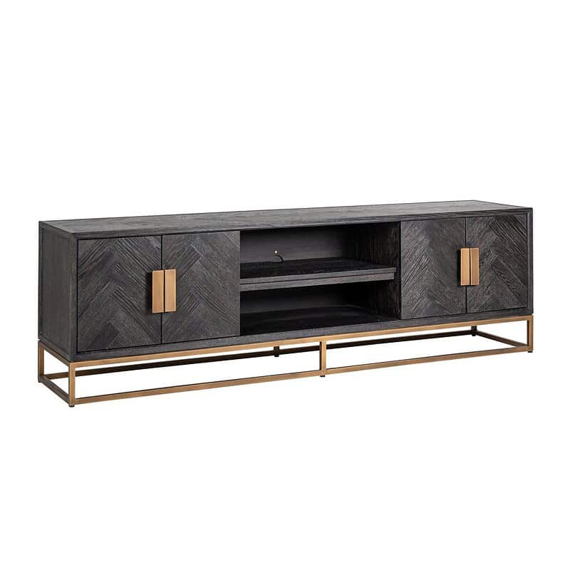 Modern houten tv-meubel met zwart eikenfineer en gouden metalen frame, perfect voor uw woonkamer. Mokana Meubelen biedt stijlvolle meubels met hoogwaardig vakmanschap en tijdloze design.