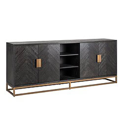 Elegante zwart eiken dressoir met gouden handvatten en metalen onderstel, perfect voor modern interieur en opbergen van woonaccessoires en spullen.