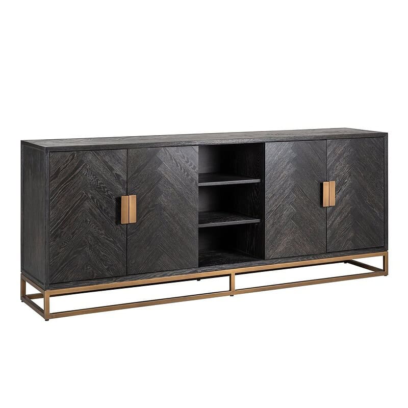 Elegante zwart eiken dressoir met gouden handvatten en metalen onderstel, perfect voor modern interieur en opbergen van woonaccessoires en spullen.