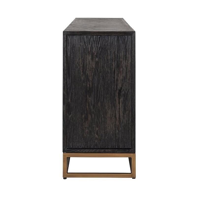 Elegante houten kast met zwart finish en gouden voet, perfect voor modern interieur en woon- of kantooropbergoplossingen.