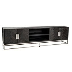 7415-1 Robuuste houten tv-meubel met metalen onderstel, dark finish en opbergruimte, perfect voor moderne woonkamers, eigentijds design en duurzame materialen.