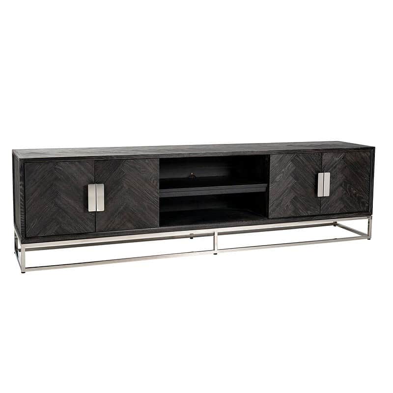 7415-1 Robuuste houten tv-meubel met metalen onderstel, dark finish en opbergruimte, perfect voor moderne woonkamers, eigentijds design en duurzame materialen.