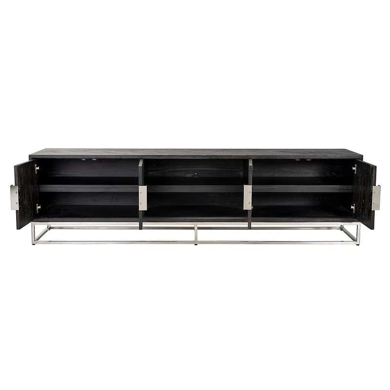 7415-10 Robuuste TV-meubel met zwart houten afwerking en metalen onderstel, perfect voor een moderne woonkamer. Opbergruimte voor elektronica en accessoires, stijlvol en functioneel design.
