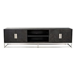 7415-5 Elegante zwarte houten tv-meubel van Mokana Meubelen met metalen onderstel en wit minimalistische grepen, perfect voor een moderne woonkamer.