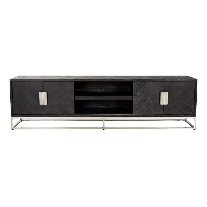 7415-5 Elegante zwarte houten tv-meubel van Mokana Meubelen met metalen onderstel en wit minimalistische grepen, perfect voor een moderne woonkamer.