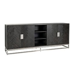 Elegante zwarte houten TV-meubel met open planken en metalen frame, perfect voor moderne interieurs en opbergen van media apparatuur.