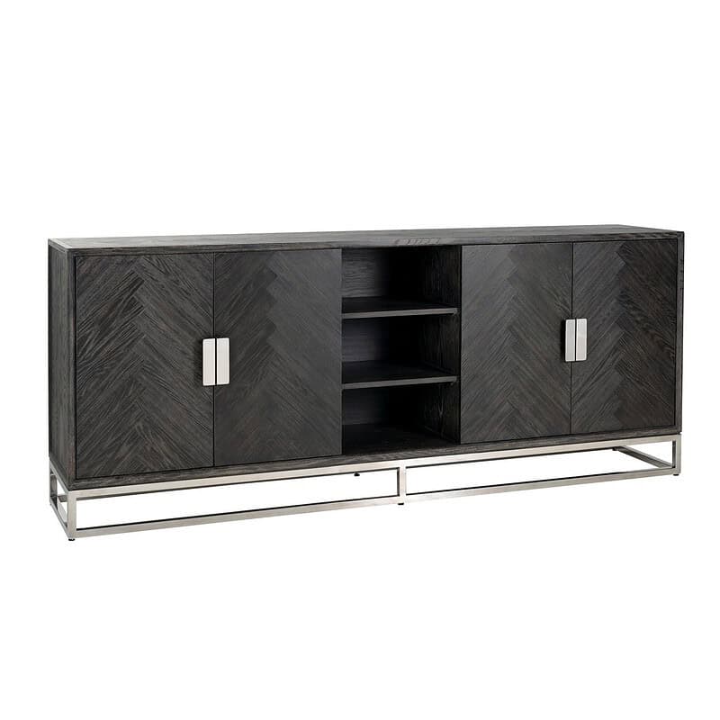 Elegante zwarte houten TV-meubel met open planken en metalen frame, perfect voor moderne interieurs en opbergen van media apparatuur.