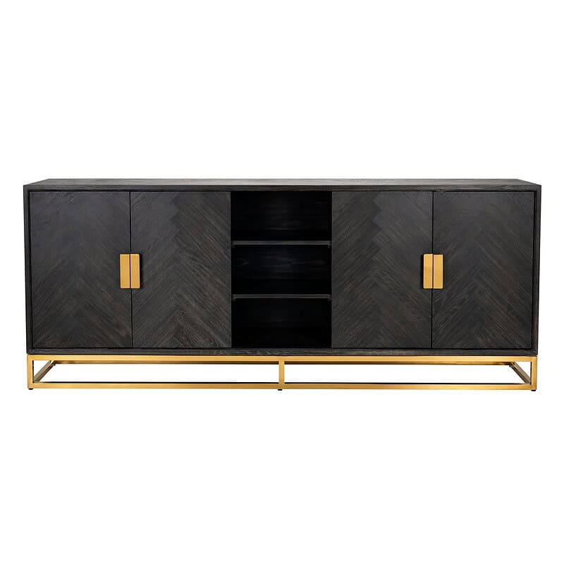 Luxueuze zwarte houten TV-meubel met goudkleurige handvaten en metalen onderstel, modern en elegant design voor stijlvolle woonkamers.