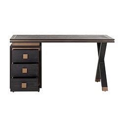 Rustieke zwart houten bureau met ladeblok en natuurlijke accenten, perfect voor een stijlvolle werkplek of woonkamer.
