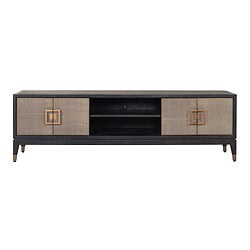 Elegante TV-meubel van Mokana Meubelen, combinatie van zwart eikenhout en beige stoffen deuren met houten details, perfect voor modern en bijzonder interieur.