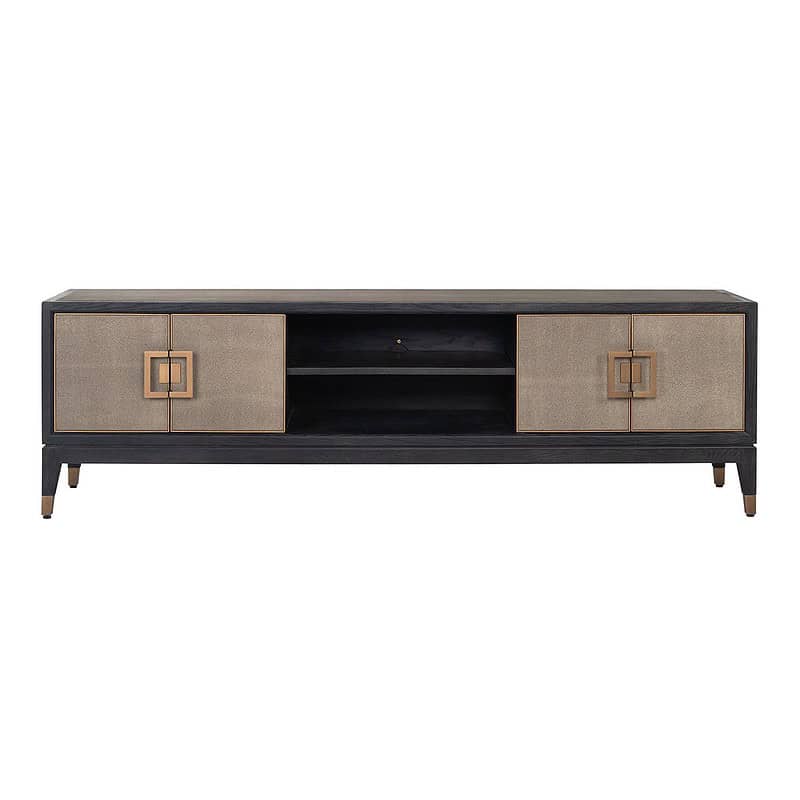 Elegante TV-meubel van Mokana Meubelen, combinatie van zwart eikenhout en beige stoffen deuren met houten details, perfect voor modern en bijzonder interieur.