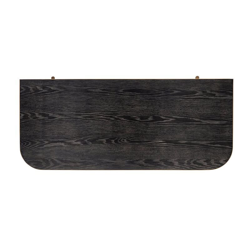 Vernieuwd zwart houten wandplank van Mokana Meubelen met elegante afgeronde hoeken, ideaal voor moderne interieurdecoratie.