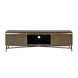 Elegante houten TV-meubel met moderne industriële look, zwart en goud afwerking, perfect voor stijlvolle woonkamers en entertainmentcentrales.