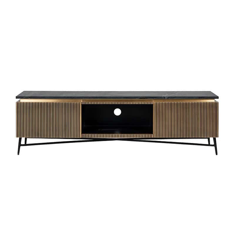 Elegante houten TV-meubel met moderne industriële look, zwart en goud afwerking, perfect voor stijlvolle woonkamers en entertainmentcentrales.
