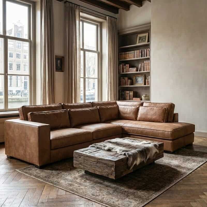 Authentieke leren hoekbank in woonhuis met grote ramen en hoge plafonds, warme houtkleur en rustieke houten salontafel op oosterse tapijt, sfeervol interieur met boeken en kunstwerken.