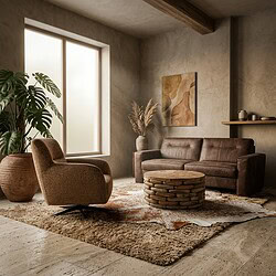 Luxe leren bank Panello Africa in een modern, minimalistisch interieur met natuurlijke tinten en decoratieve elementen.
