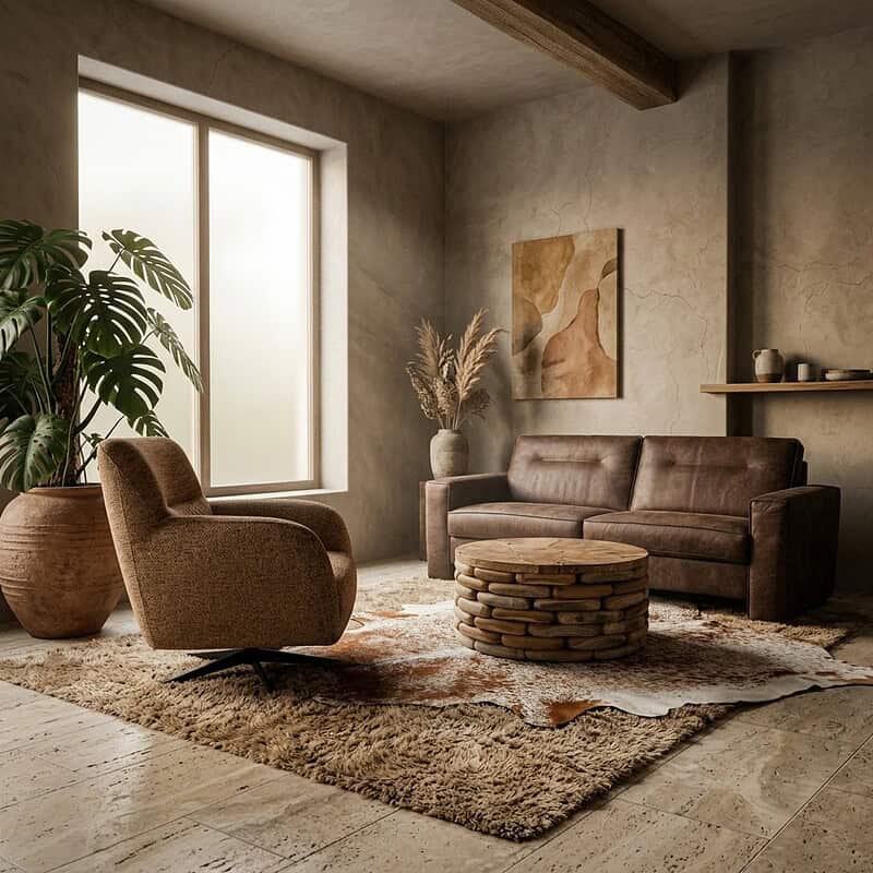 Luxe leren bank Panello Africa in een modern, minimalistisch interieur met natuurlijke tinten en decoratieve elementen.