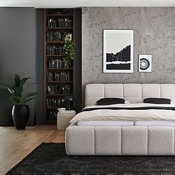 Elegante slaapkamer met op maat gemaakte Mokana meubelen, sober design, comfortabele bedbank, gecombineerd met industrieel betonwand decor, grote ramen voor natuurlijk licht, modern interieur.