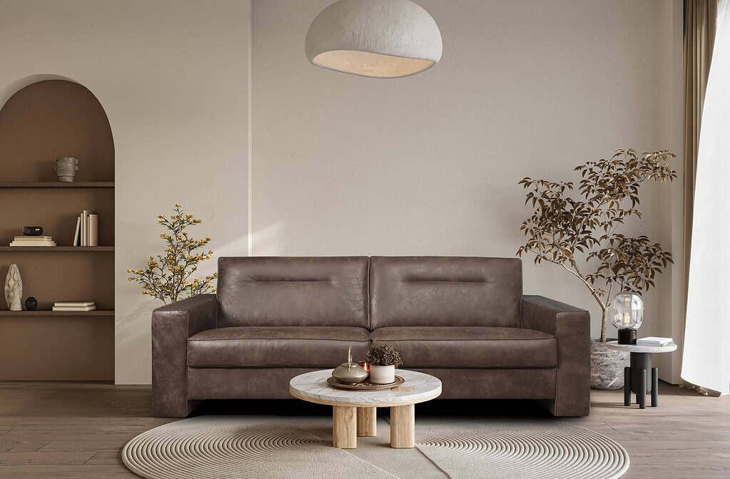 Bank Panello Africa leer leder in taupe modern minimalistisch sfeer Mokana