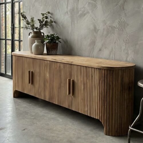 Uniek TV dressoir Bailar vol massief teakhout met ronde vormen en uniek