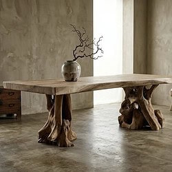 Massieve boomstamtafel van suarhout met natuurlijke wortelpoot, perfect voor een rustieke eetkamer of woonkamer, benadrukt de natuurlijke schoonheid van hout.