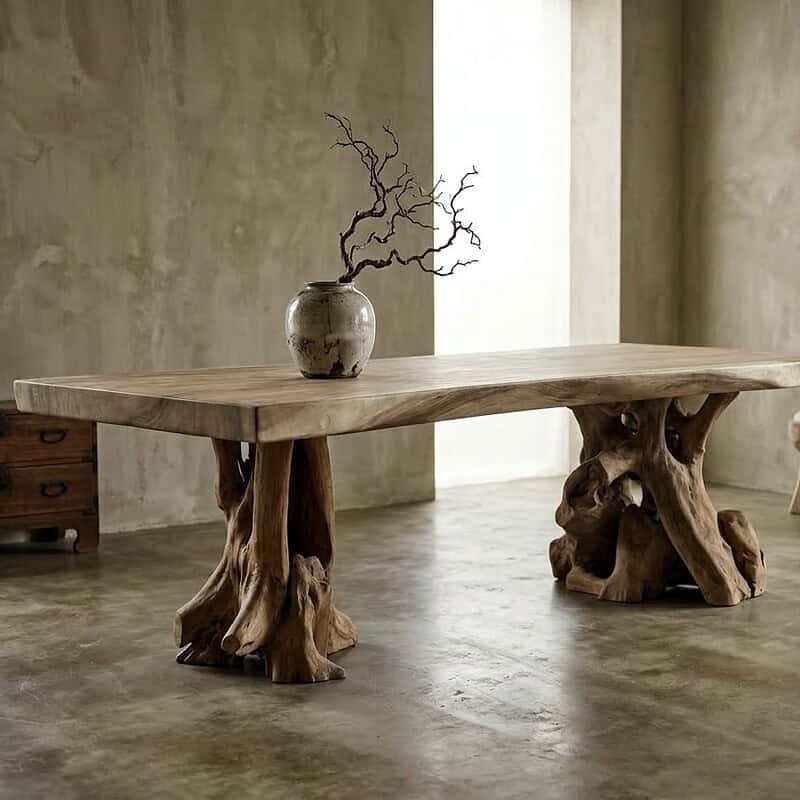 Massieve boomstamtafel van suarhout met natuurlijke wortelpoot, perfect voor een rustieke eetkamer of woonkamer, benadrukt de natuurlijke schoonheid van hout.