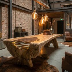 Unieke boomstam tafel met doorlopend blad van massief suarhout bij Mokana Meubelen in Enschede