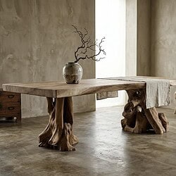 Massieve boomstamtafel van Suarhout met natuurlijke wortelpoot, perfect voor een rustieke of moderne eetkamer. Handgemaakt en uniek, benadrukt de natuurlijke schoonheid van hout.