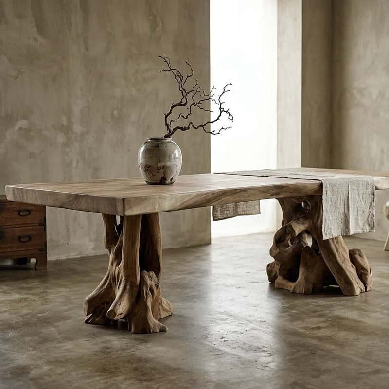 Massieve boomstamtafel van Suarhout met natuurlijke wortelpoot, perfect voor een rustieke of moderne eetkamer. Handgemaakt en uniek, benadrukt de natuurlijke schoonheid van hout.