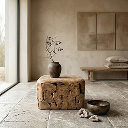 Moderne vierkante salontafel van teakhout met natuurlijke uitstraling, perfect voor een minimalistische woonkamer.