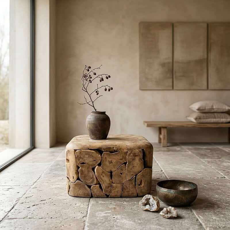 Moderne vierkante salontafel van teakhout met natuurlijke uitstraling, perfect voor een minimalistische woonkamer.