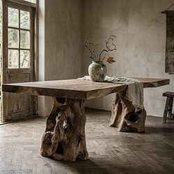 Robuuste suarhouten boomstamtafel met natuurlijke wortelpoot, perfect voor een landelijke of moderne eetkamer. Gemaakt van duurzaam hout, uniek design.