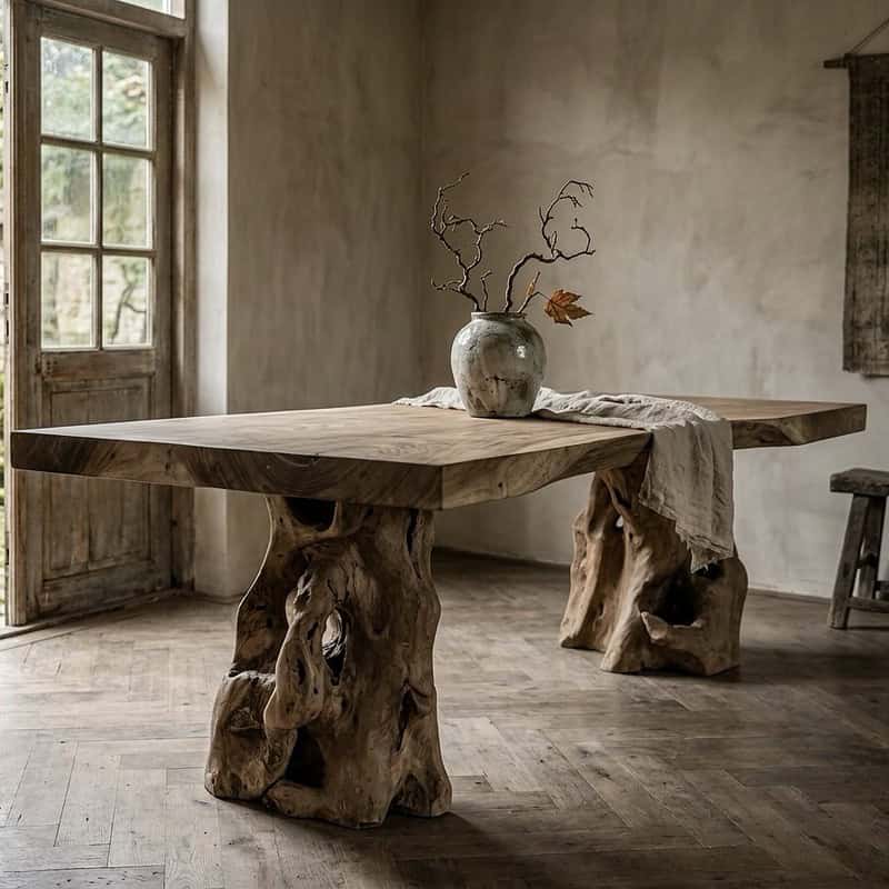 Robuuste suarhouten boomstamtafel met natuurlijke wortelpoot, perfect voor een landelijke of moderne eetkamer. Gemaakt van duurzaam hout, uniek design.