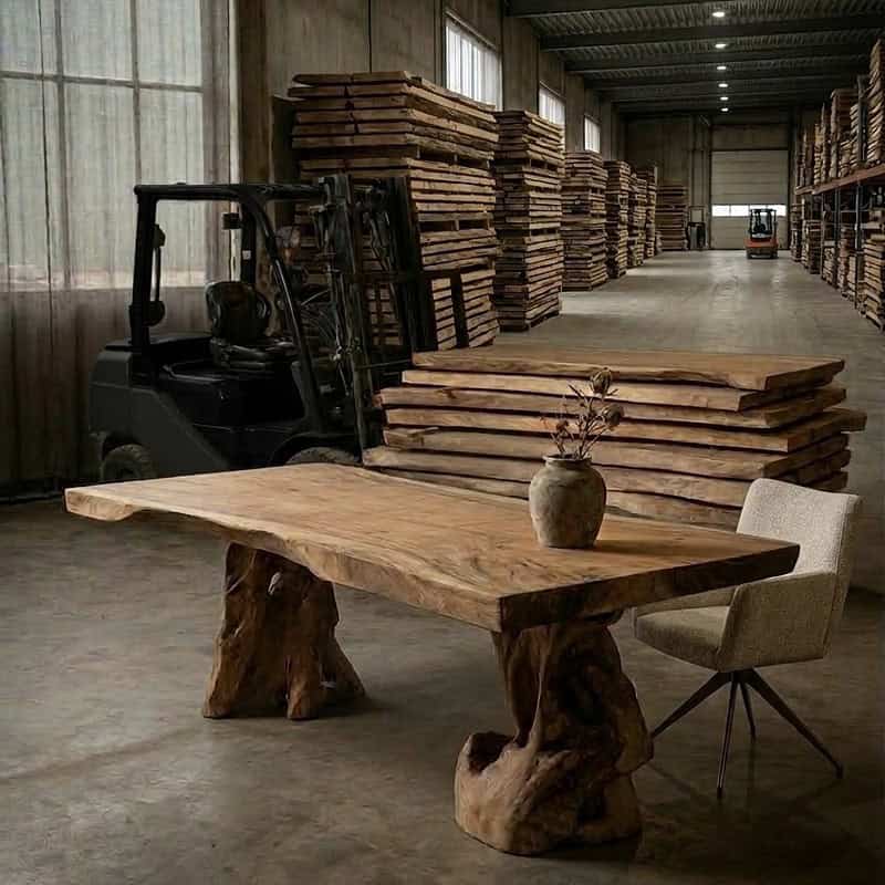 Massieve boomstamtafel van Suarhout met natuurlijke wortelpoot, perfect voor een unieke eetkamer of vergaderruimte. Handgemaakt en duurzaam, ideaal voor stijlvolle interieurs.