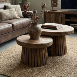 Salontafel set Veva rond gemaakt van massief teakhout met unieke uitstraling en dik massief blad van 6cm
