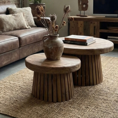 Salontafel set Veva rond gemaakt van massief teakhout met unieke uitstraling en dik massief blad van 6cm