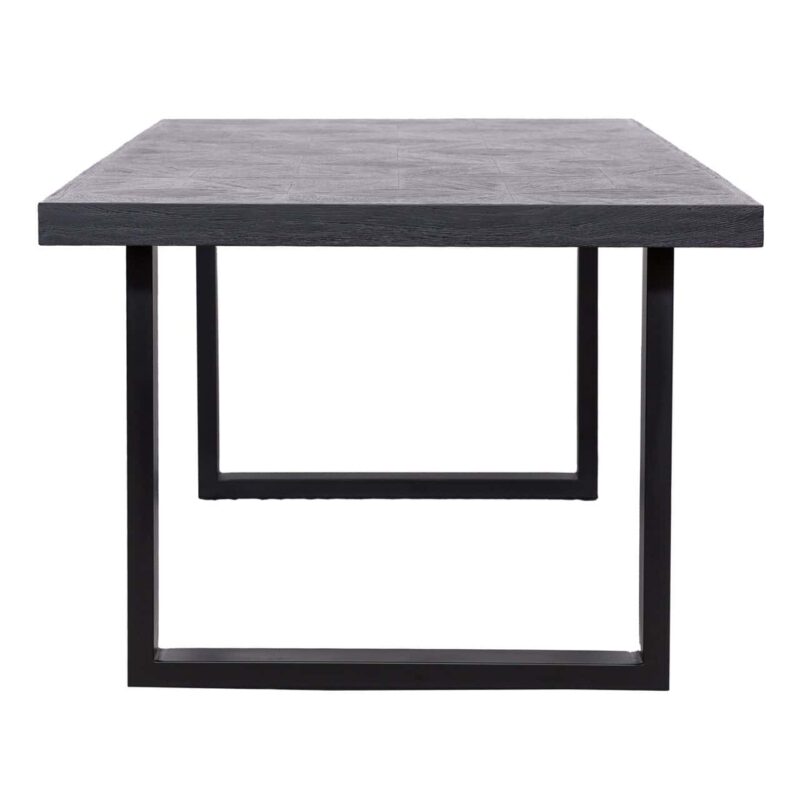 Textuur van zwarte eettafel Blax black 200, eiken fineer en ijzer