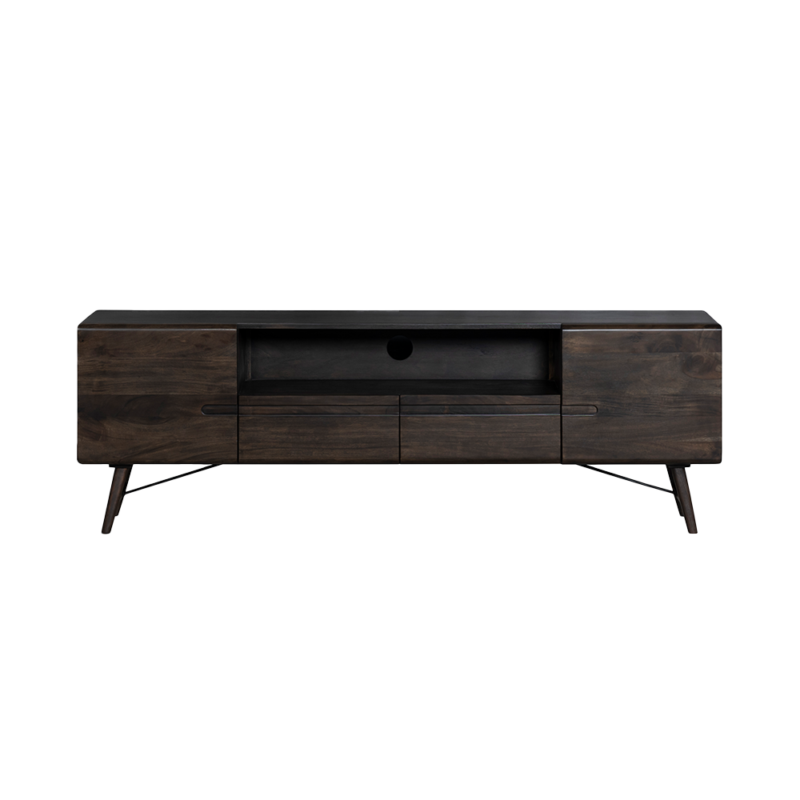 Textuur van het bruine acacia hout op het TV-meubel