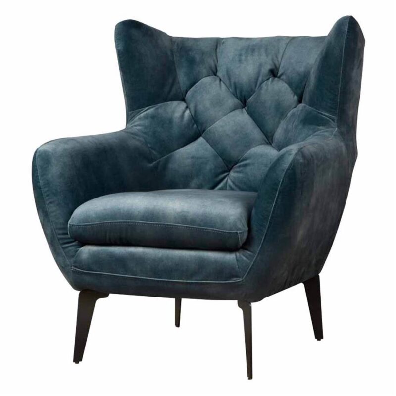 Detail van de blauwe fauteuil met stalen poten en poeder coating