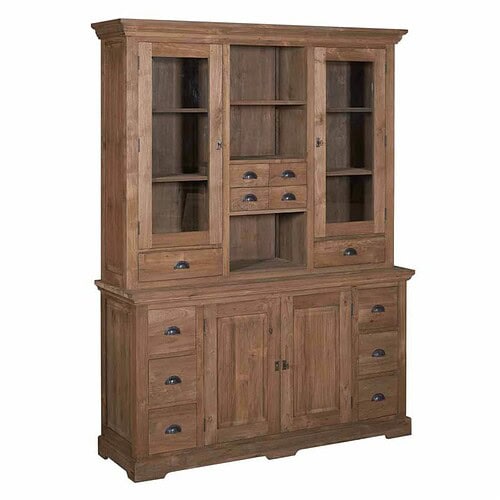 Detail van de buffetkast in bruin recycled teak met klassieke stijl