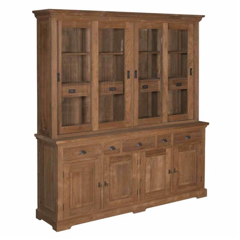 Detail van de gesloten deuren van de buffetkast in bruin gehakt hout