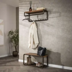 Kapstok Round roede en hoedenplank 8 haken / Massief acacia