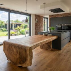 Unieke boomstamtafel in woonkeuken met doorlopend waterval blad