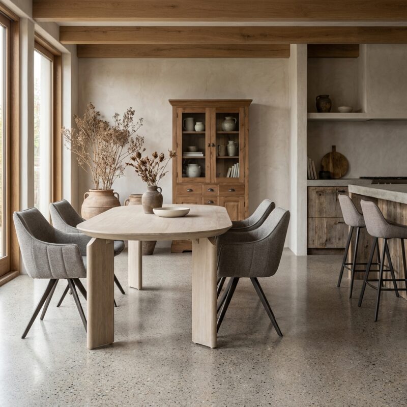 Ovale eetkamertafel in white wash stijl met hotelchique design