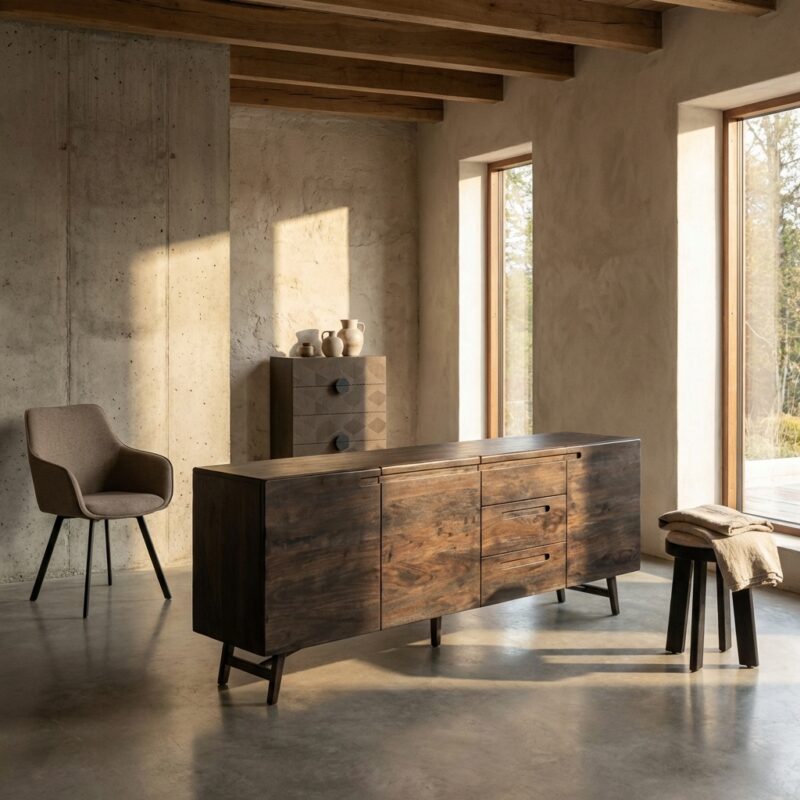 Aura dressoir espresso 210 cm, landelijk modern stijl, bruin acacia hout