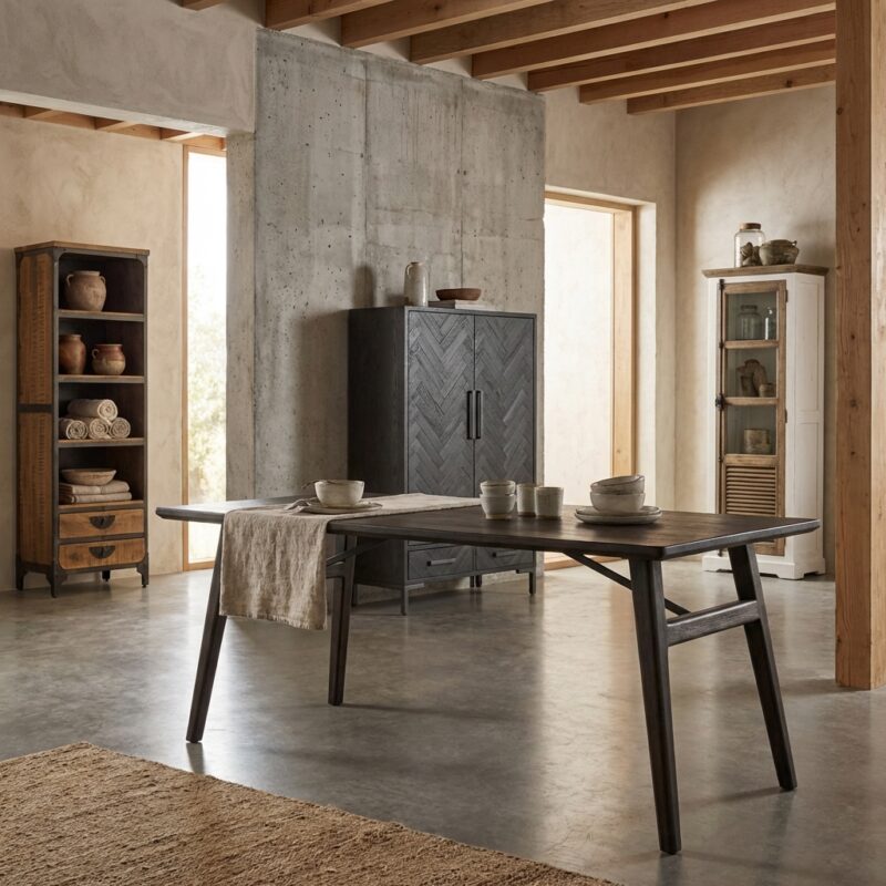 Rechthoekige eetkamertafel in espresso-houten kleur met landelijk-modern design