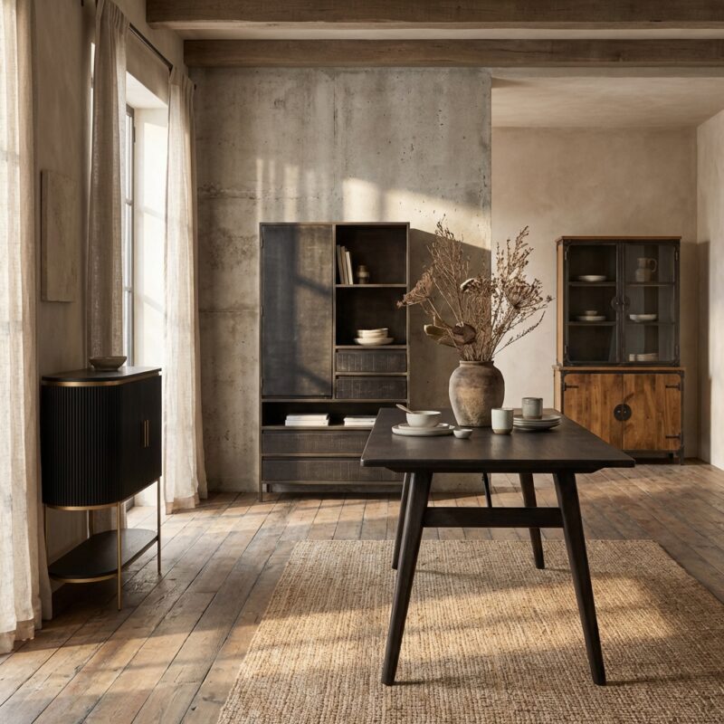 Rechthoekige eetkamertafel in espresso-hout met landelijk-modern design